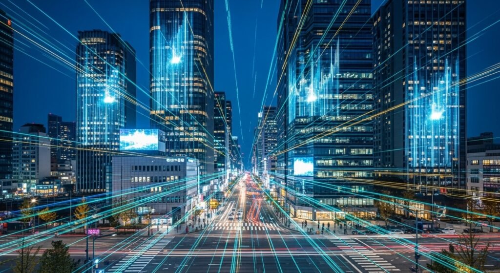 대한민국 테헤란로의 IT 보안 빌딩과 네트워크 망