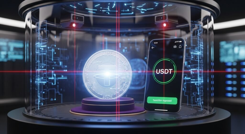 금고 안에 보관된 테더 로고와 스마트폰 비수탁 지갑