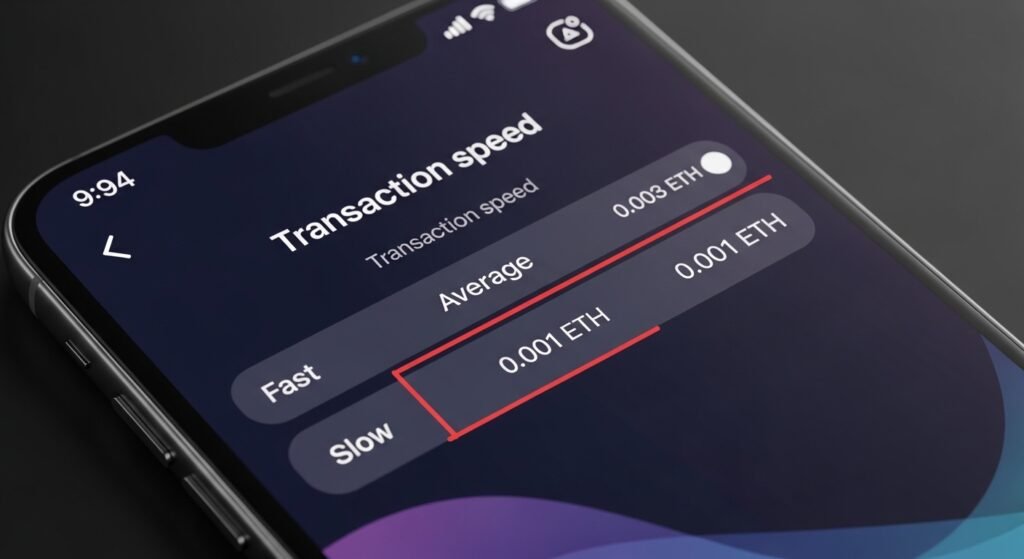 스마트폰 가상자산 지갑 앱에서 전송 속도와 수수료를 설정하는 사용자 인터페이스