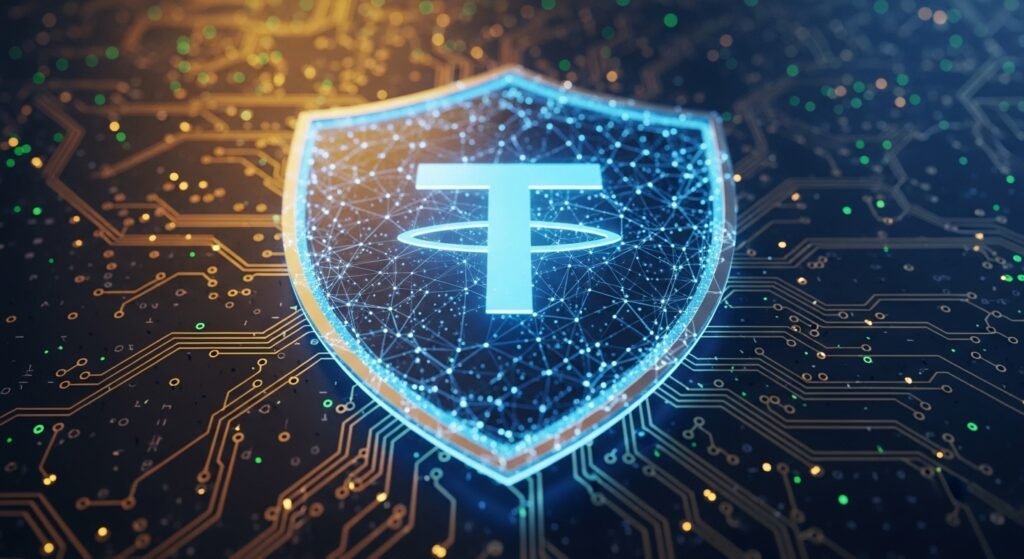 안전한 코인 입출금을 상징하는 테더(USDT) 로고와 디지털 보안 실드 그래픽